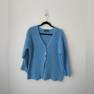 Italian Knit Blue Cotton Cardigan Ribbed Button Front Sweater Made in Italy L